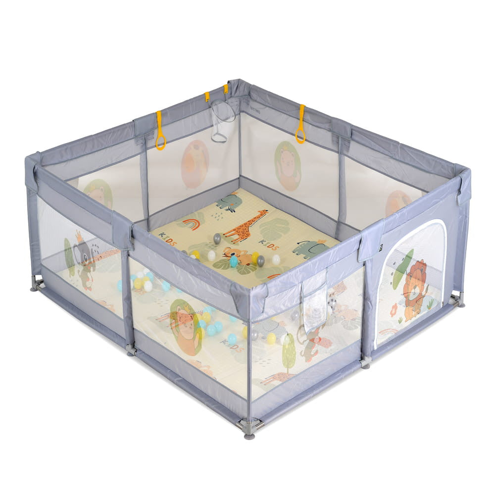 Moni Gamezone összecsukható járóka szőnyeggel, 60 labdával 120x120 szürke-0