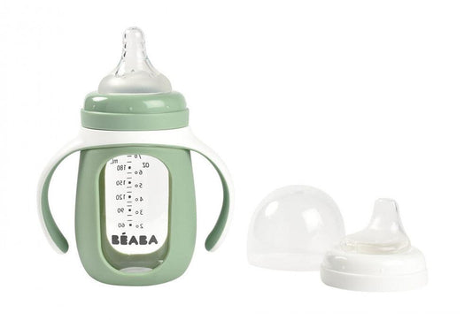 Béaba 2 az 1-ben Tanuló cumisüveg 210 ml + Szilikon borítással - Zsályazöld - Momsy
