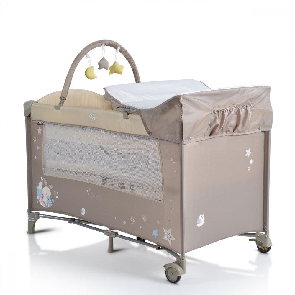 Cangaroo Moni Sleepy multifunkciós utazóágy, emelőbetéttel, kerekekkel - Beige - Momsy