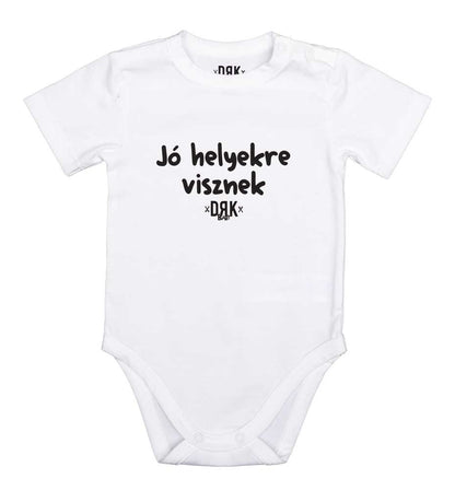 Dorko &quot;Jó helyekre visznek&quot; mintával nyomot rövid ujjú baba body - Momsy