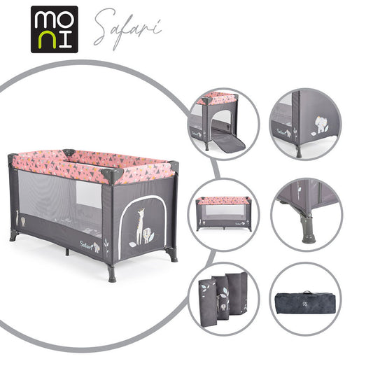 Moni Safari utazóágy 1 szintes, zippes kibújóval, állatmintás pink/rózsa-0