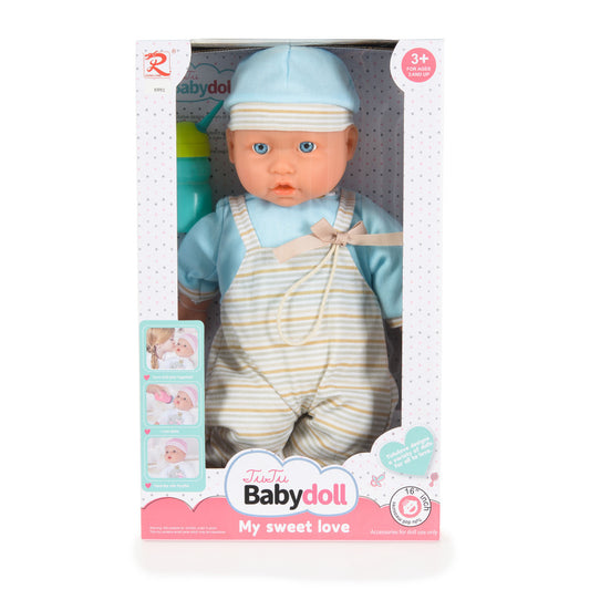 Moni Baba 41 cm-es fiú baba, csíkos, kantáros nacis vkék/szürke - Momsy