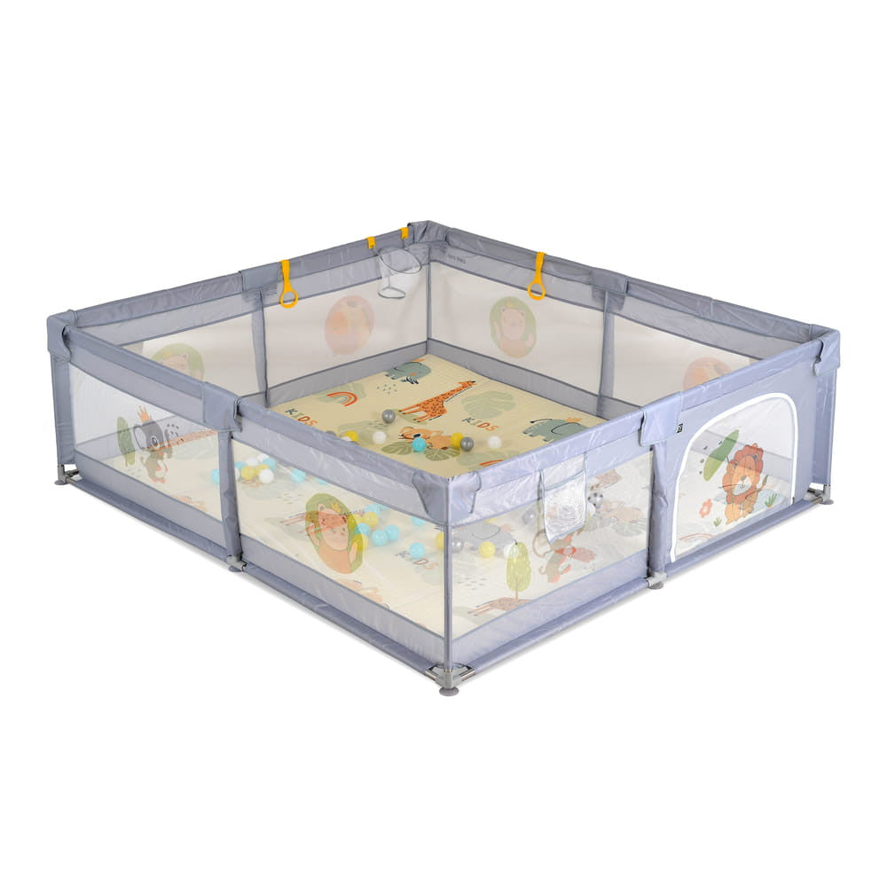 Moni Gamezone összecsukható járóka szőnyeggel, 60 labdával 150x200 szürke-0