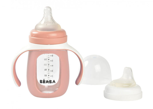 Béaba 2 az 1-ben Tanuló cumisüveg 210 ml + Szilikon borítással - Sötét rózsaszín - Momsy
