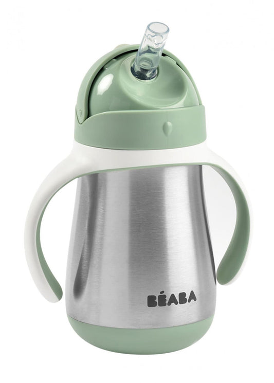 Béaba Rozsdamentes Acél Szívószálas Ivópohár 250 ml - Zsályazöld - Momsy