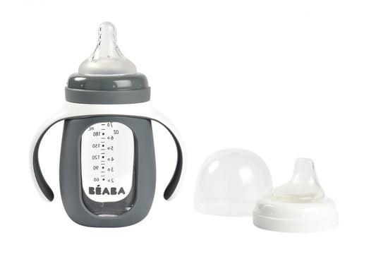 Béaba 2 az 1-ben Tanuló cumisüveg 210 ml + Szilikon borítással - Sötétszürke - Momsy